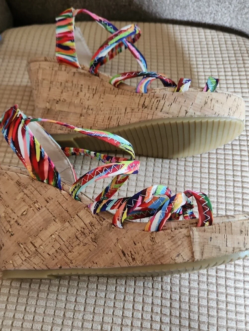 Multi-Color Strappy Cork Wedge Sandals for Women Size 39